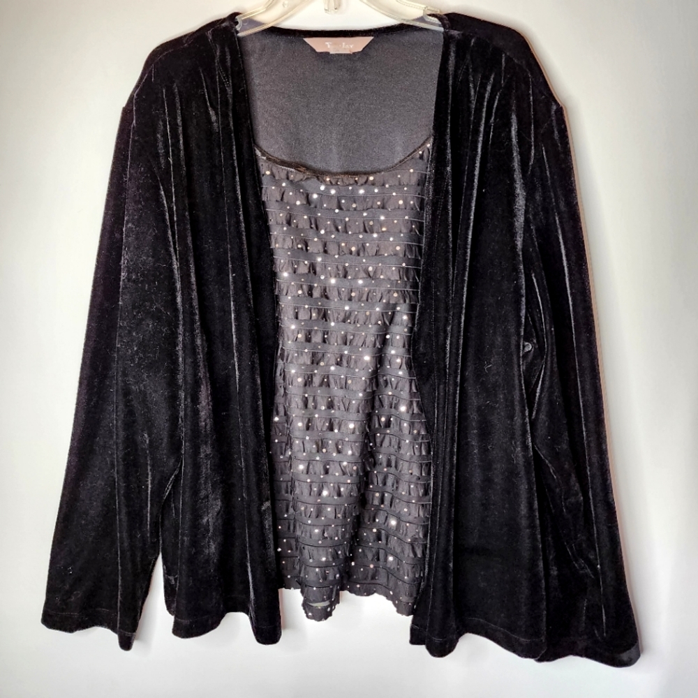 TanJay Black Velvet Jacket with Attached Ruffled Tank Women's Plus Size 3X
